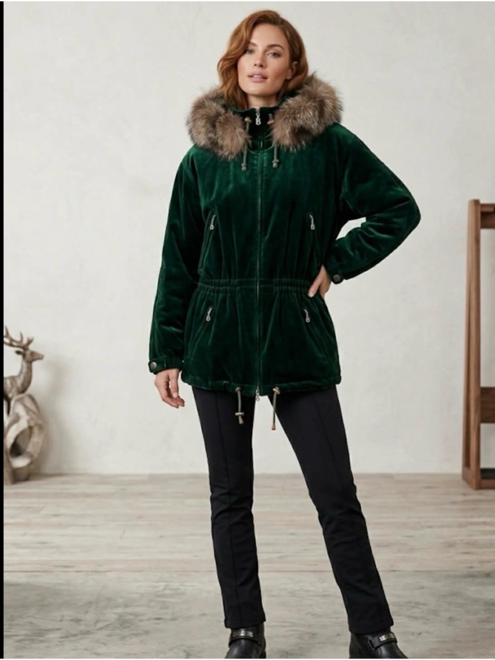 Bogner green apres ski layer lite jacket with removable raccoon fur collar -US